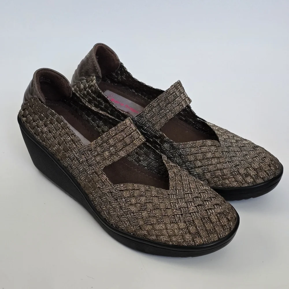 Bare Traps Ursala Bronze Metallic Woven Mary Jane Wedge Heels Shoes Size 7½